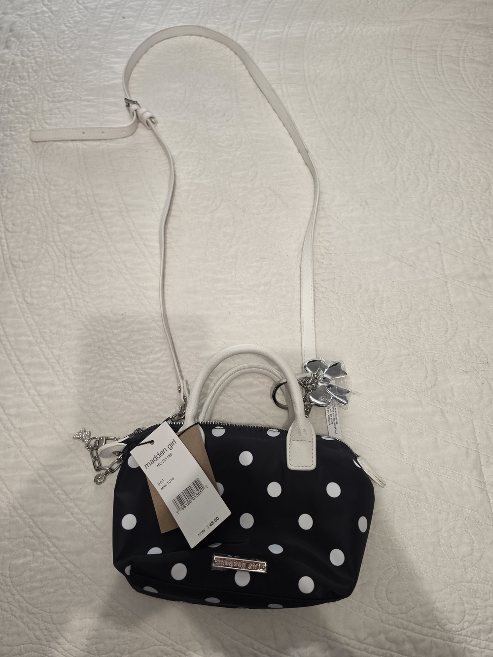 Madden Girl Navy Polka Dot Mini Crossbody with White Trim